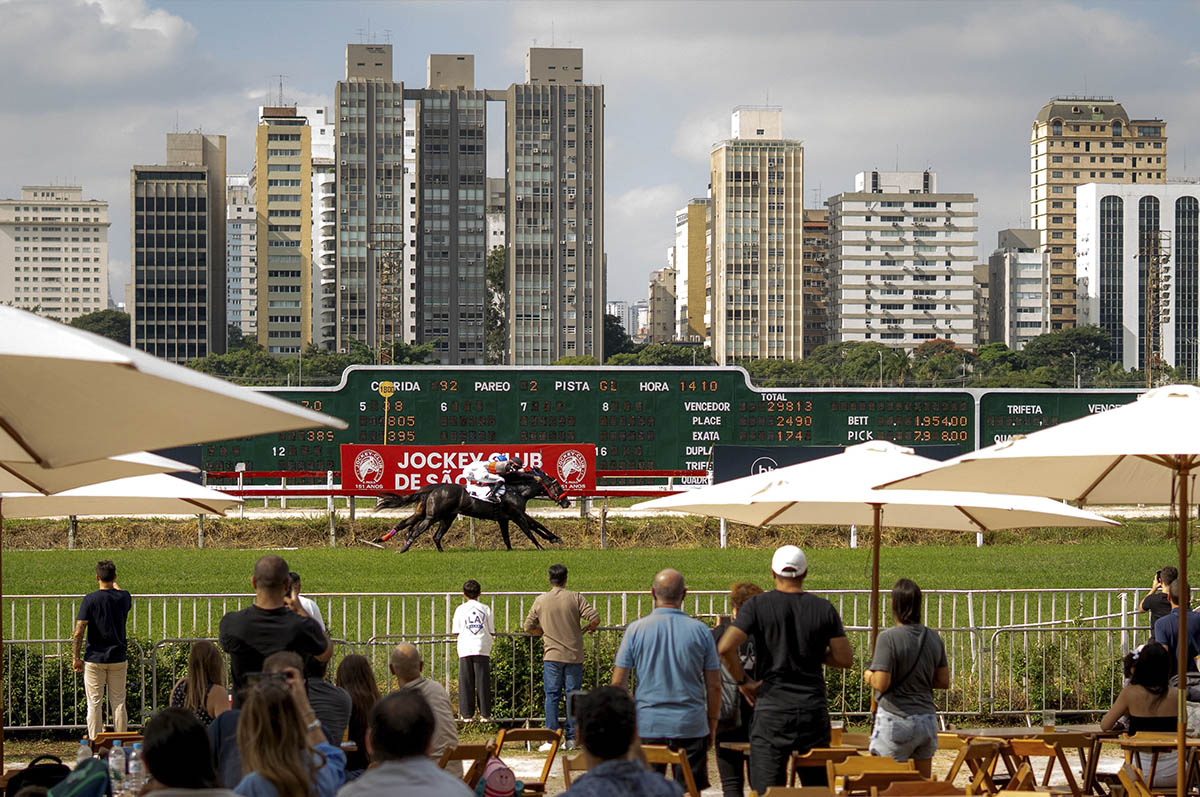 Torcida nas arquibancadas do Jockey Club comemorando durante uma corrida